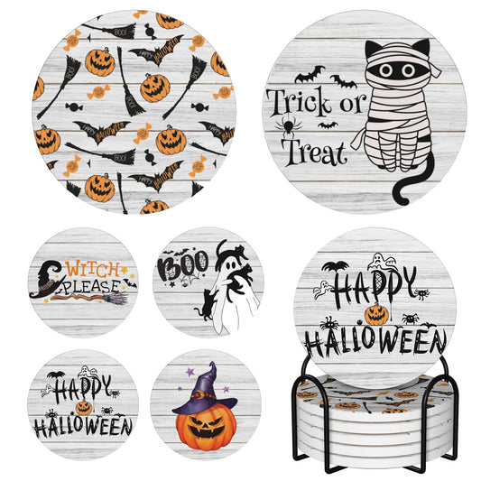 Coaster for Coffee Table Halloween Absorbent Coasters Set - Spooky, Decorative Drink Coasters for Home, Office, and Parties - 6-Pack with Holder Wooden Background