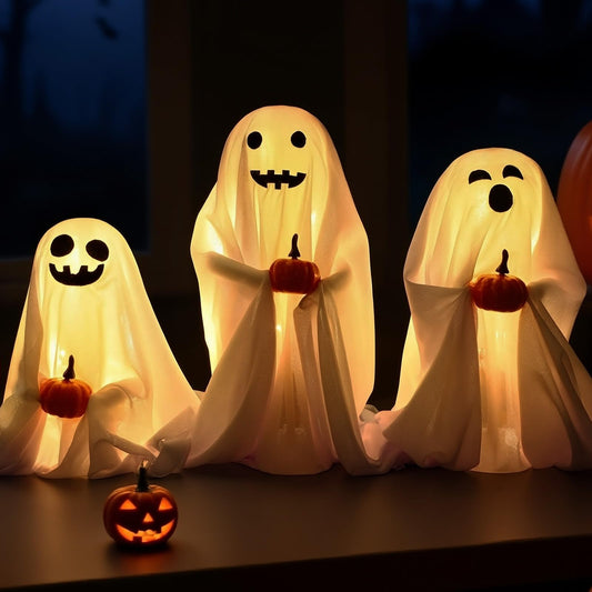 VioraWhite 3 Packs Light up Ghost Kit, Spooky Halloween Decorations, Light up Ghost Decorations Outdoor Indoor with LED String Lights for Home Outside Porch Garden Yard Lawn Party(Regular)