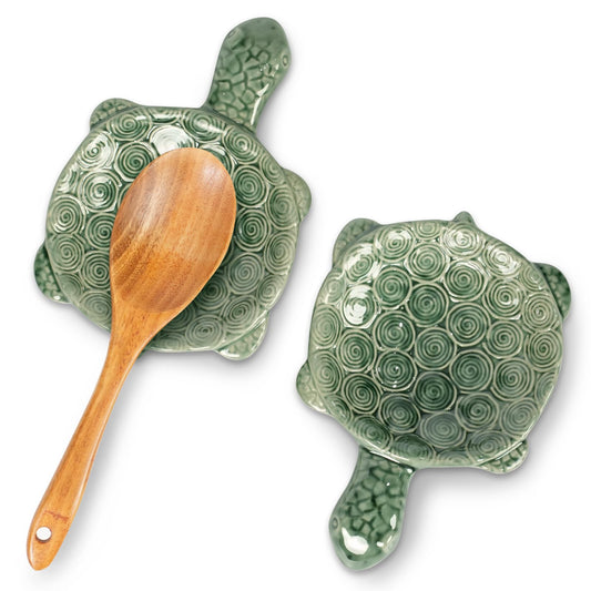 Ceramic Spoon Rest for Stove Top, 2 Pack Cute Turtle Spoon Holder for Kitchen Counter, Large Utensil Rest Spatula Holder for Cooking, Teal Kitchen Accessories, Gift for Ocean Lovers