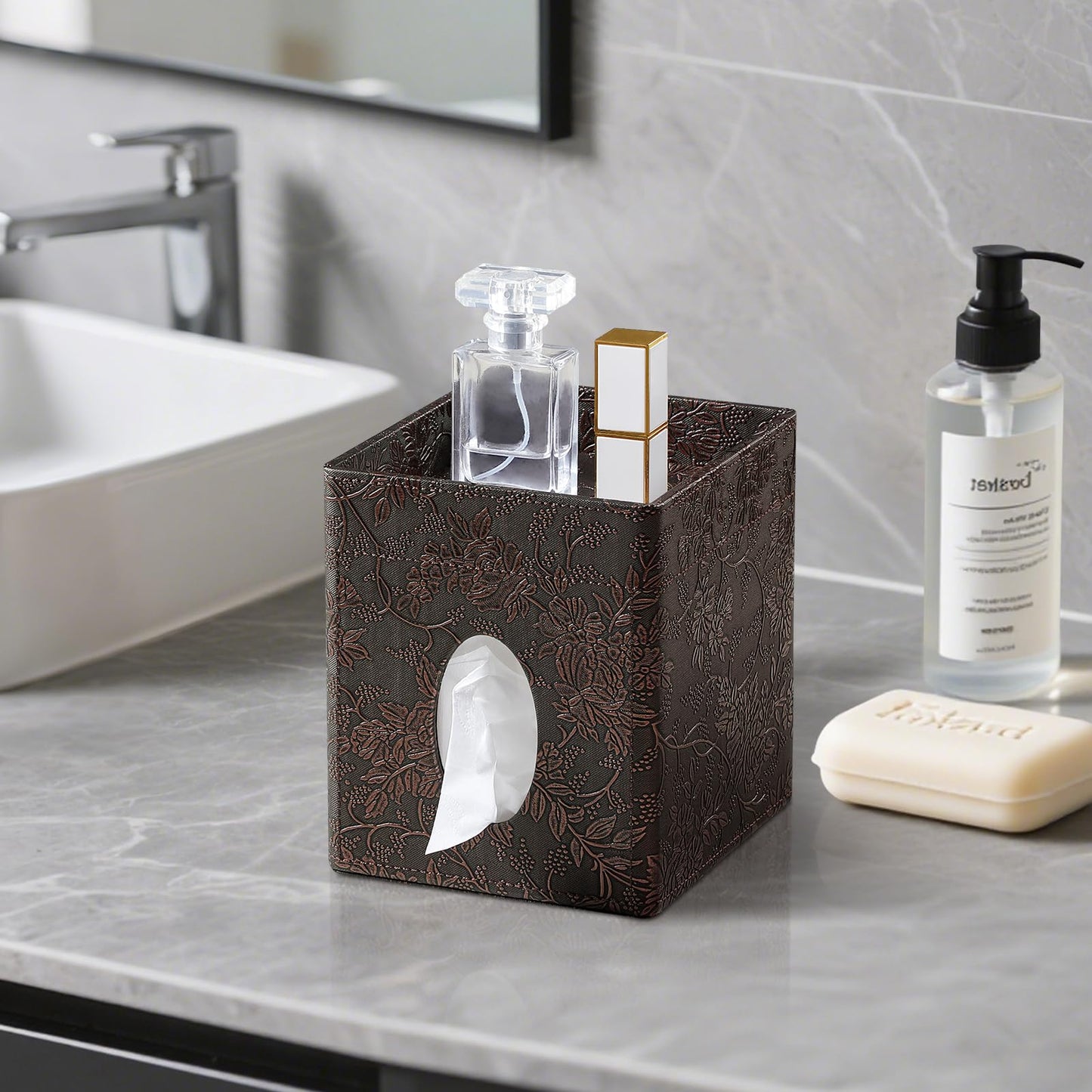Square Tissue Box Cover, Stylish Leather Tissue Box Holder with Storage Tray, Decorative Tissue Rack Storage Box for Living Room, Bedroom, and Office Desk(Brown Grape Pattern)