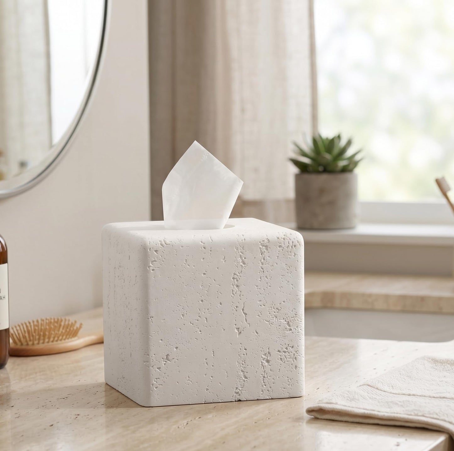Haocoott Tissue Box Cover Square, Resin Facial Tissue Holder Covers Toilet Paper Holder Decorative Travertine Paper Dispenser Home Decor for Bathroom Bedroom Living Room Office (Off White)