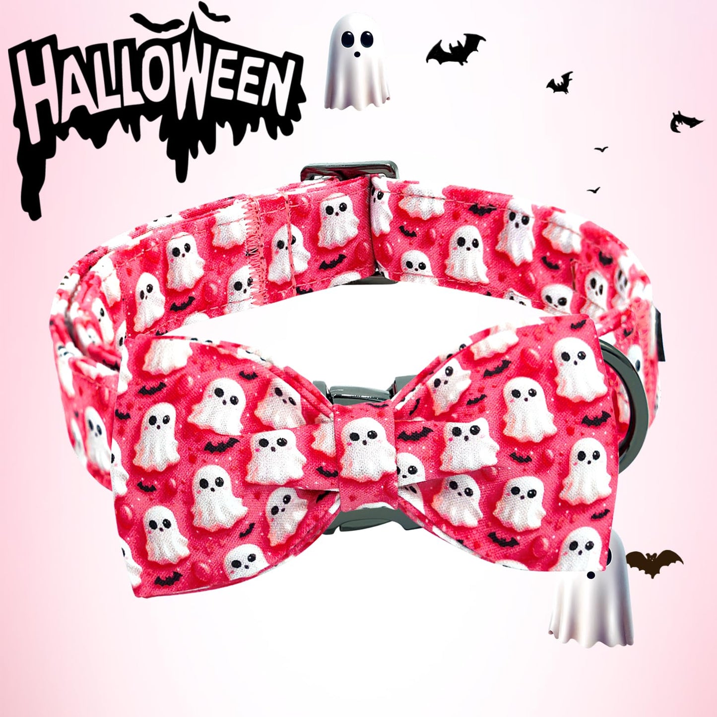 Lionheart glory Halloween Dog Collar with Bow Ghosts Fall Cute Dog Bow Collars Sturdy Soft Adjustable Collar for Small Dogs Girl or Boy Pet Bowtie Collars Party
