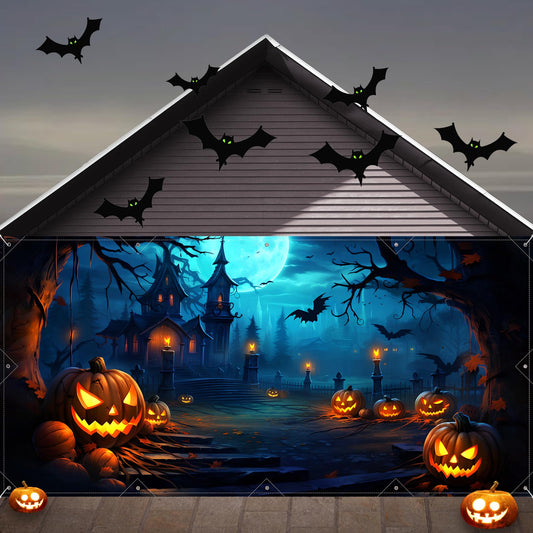 Halloween Decorations Garage Door Cover, Large Hanging Backdrop Door Cover Halloween Garage Wall Decorations for Outdoor Home Yard Garage Door Decorations Party Photo Backgrounds (7X16Ft)