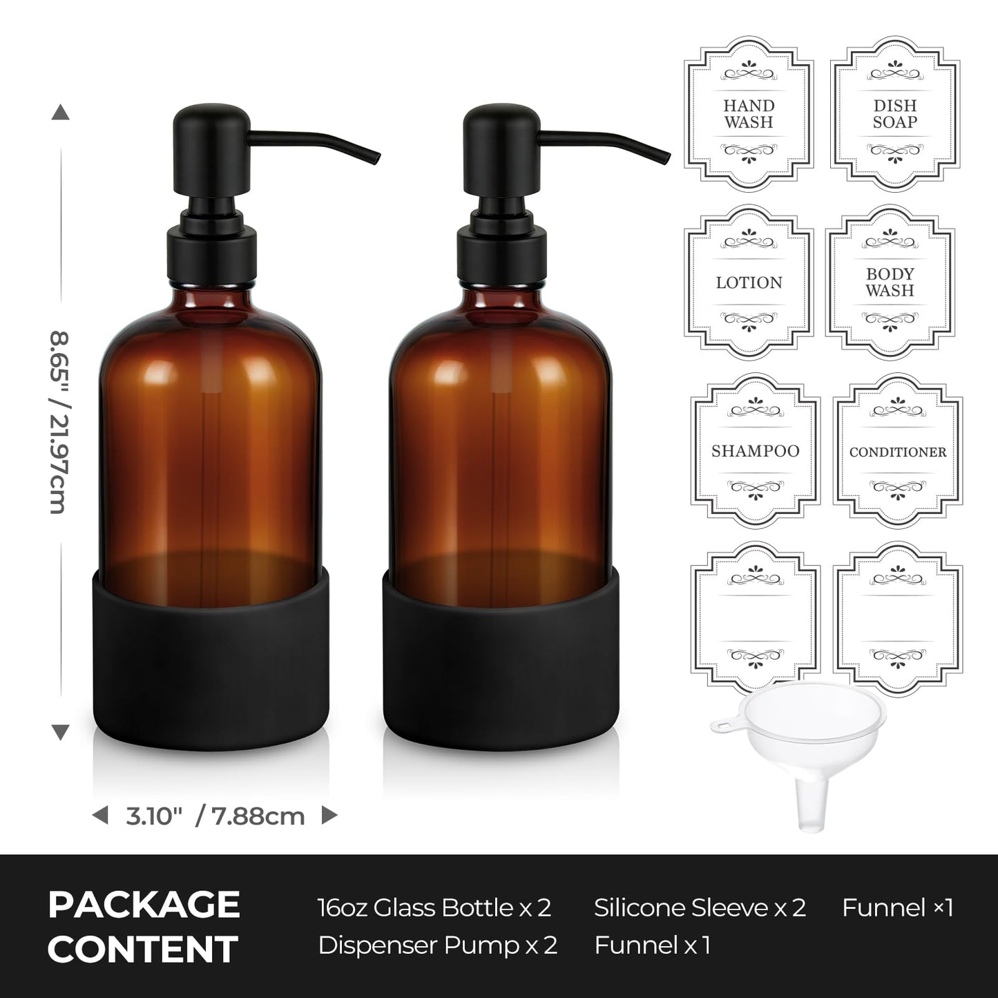 Homepicker 16 oz Hand and Dish Soap Dispenser Set for Kitchen and Bathroom, 500ml Amber Glass Soap Dispenser with Stainless Steel Pump, Non-Slip Silicone Sleeves, Labels - 2 Pack