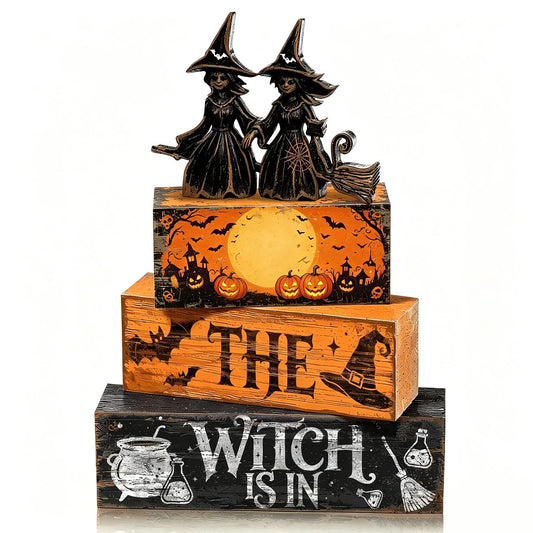 4 Pcs Halloween Table Decorations, Vintage Witch Wooden Signs,Rustic Farmhouse Tiered Tray Decor,The Witch is in Tabletop Centerpiece for Home Kitchen Shelf Mantel