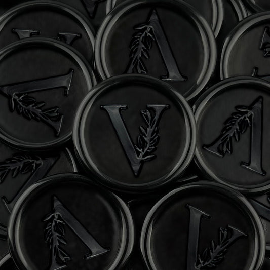 50Pcs Black Wax Seal Stickers Handmade Vintage Botanical Leaves Adhesive Letter Wax Stickers for Wedding Party Invitations, Envelope, Gift Wrap, Christmas(Initial V, Black)