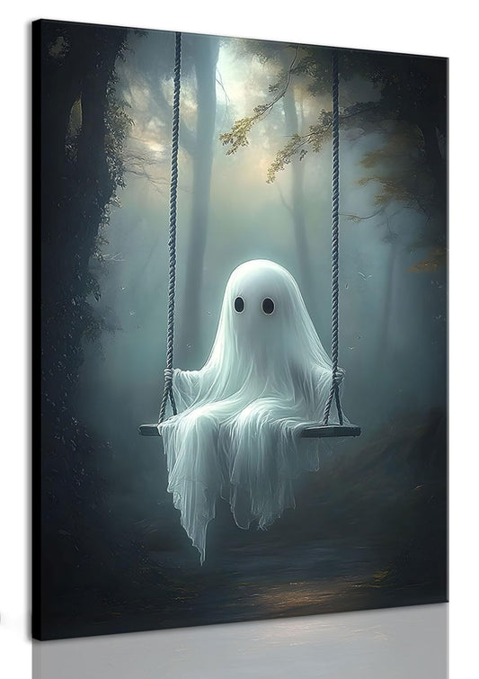 ILLBDR Cute Ghost Canvas Wall Art Halloween Decor Vintage Painting, Spooky Silhouette Ghost Haunted House Art, Bedroom Gothic Decor Ready to Hang, 16x24inch Framed