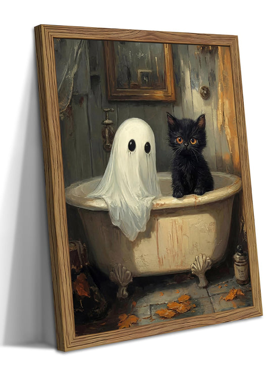 Vintage Halloween Bathroom Wall Art, Cute Ghost Black Cat Bathtub Canvas Wall Decor Painting, Spooky Halloween Artwork Prints Pictures for Bedroom Restroom Bathroom 8x10 Inch Wood Framed