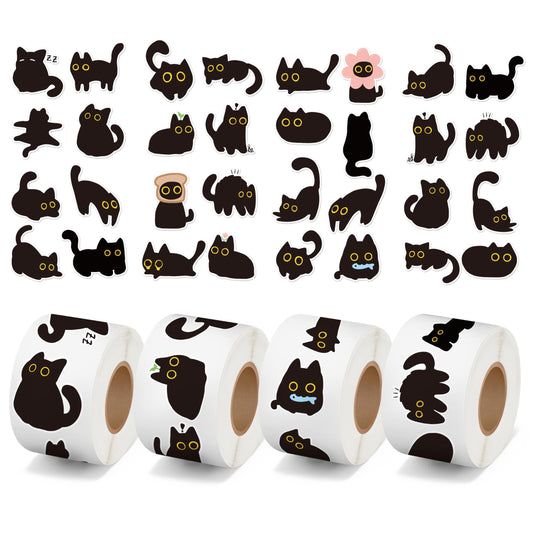 DSjuedui Black Cat 4 Roll Stickers - 2000Pcs Funny Cute Cartoon Meme Decorative Decals for Girls Boys Water Bottles Guitar Skateboard Laptop Kids Rewards Home Decor Birthday Gifts Party Favor Supplies