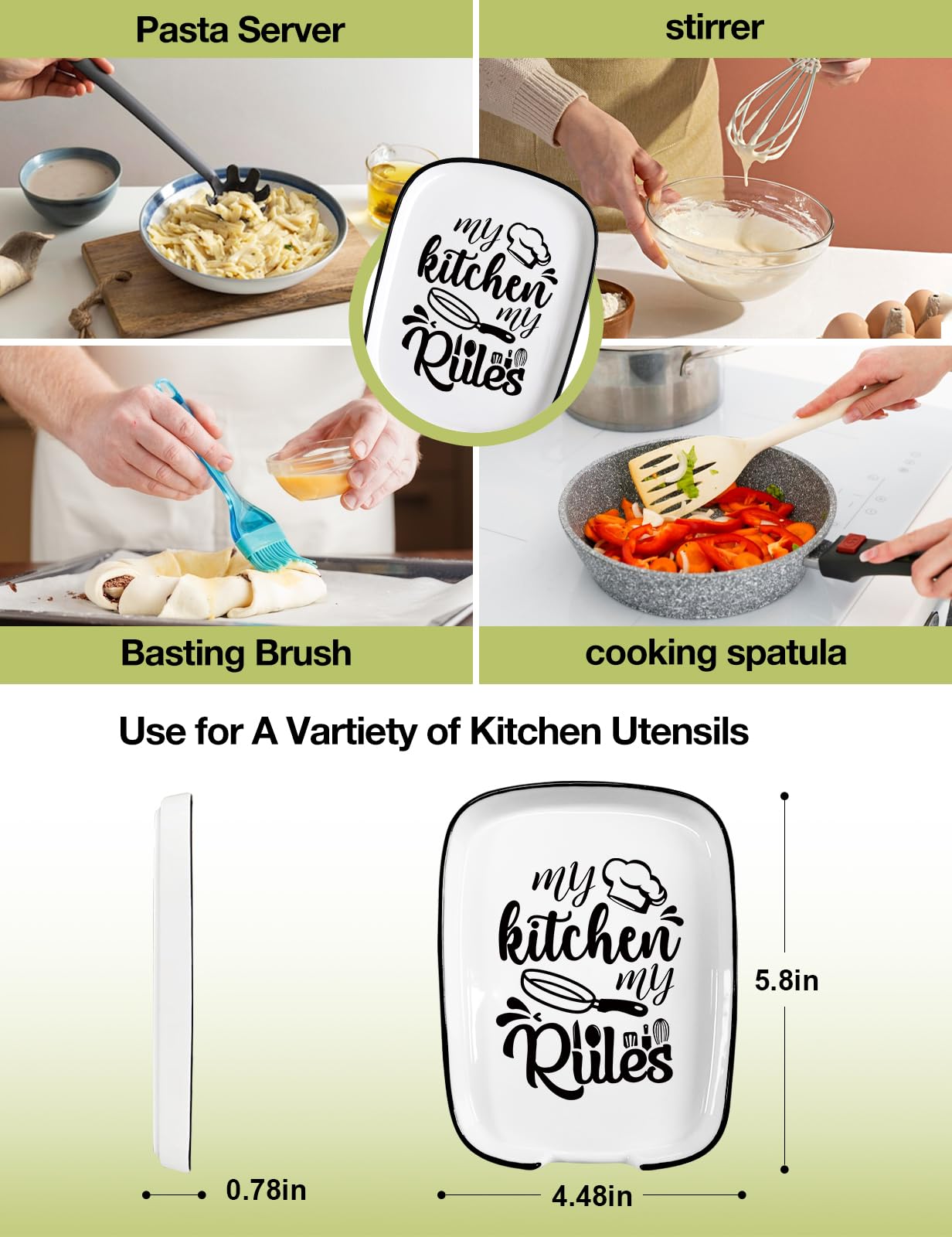 My Kitchen My Rules Spoon Rest for Stove Top, Large Ceramic Spoon Holder Cooking Utensil Rest, Funny Kitchen Decor for Cooking Lovers, Housewarming Gifts for Women Mom Friends