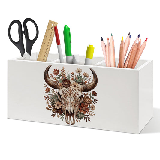 DUXMNAMG Boho Floral Western Bull Skull Pen Holder, Boho Western Office Pen Pencil Holder Organizer for Desk Accessories, Whimsical Bull Skull Wooden Box Desk Decor for Home Office Desk Decorations