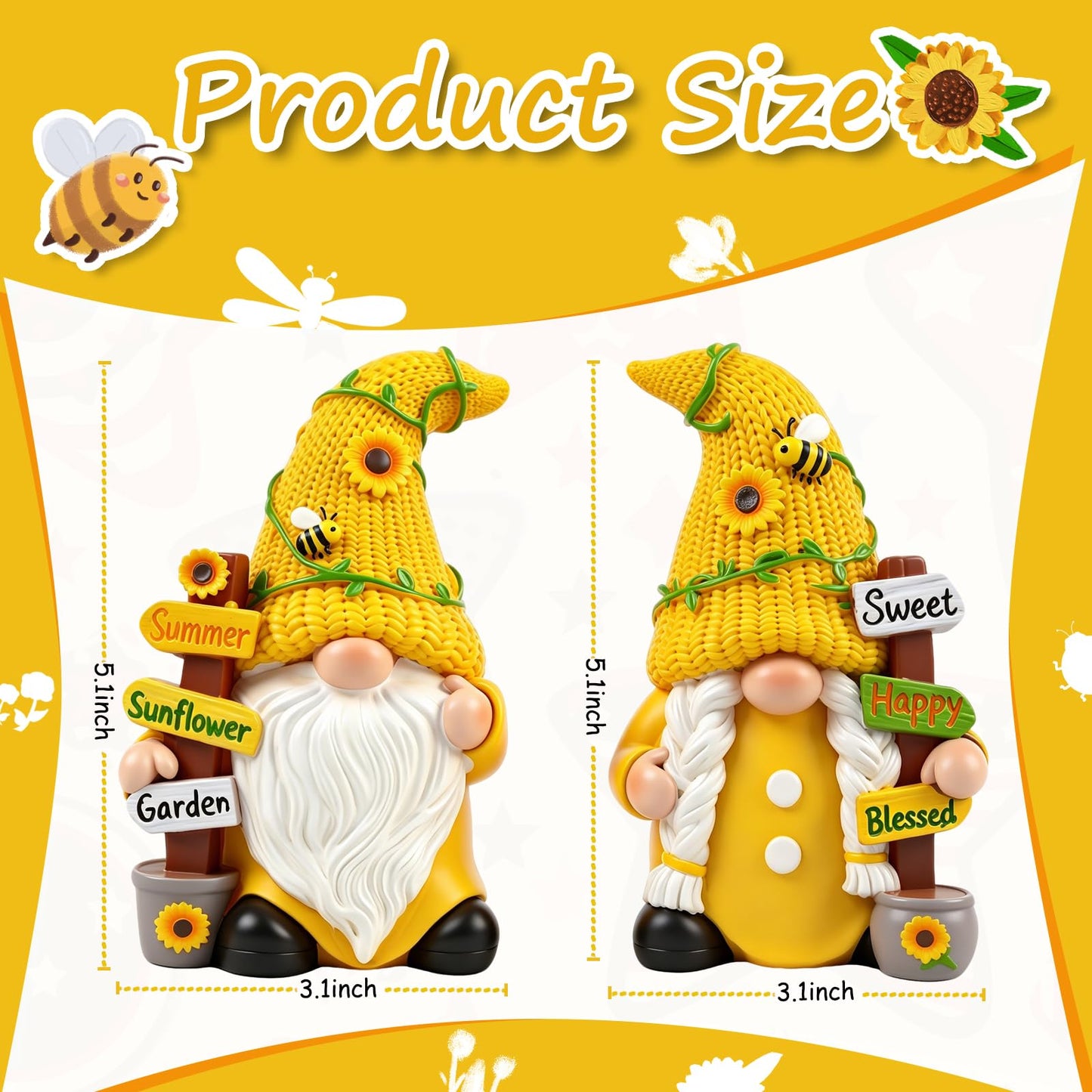 upbema Sunflower Gnome Garden Decorations 2 PCS Resin Summer Figurines Cute Indoor Collectible Statue Outdoor Ornament for Table