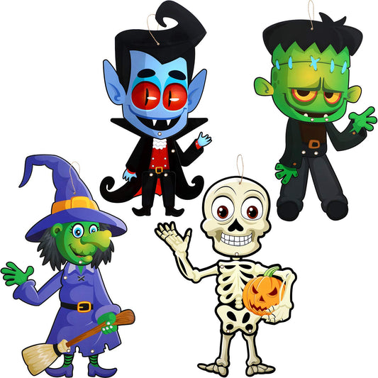 4 Sets Funny Halloween Party Decoration Jointed Figures Door Hanger, Hanging Halloween Wall Decoration Signs Vampire, Skeleton, Witch, Zombie Banners for Party Decor