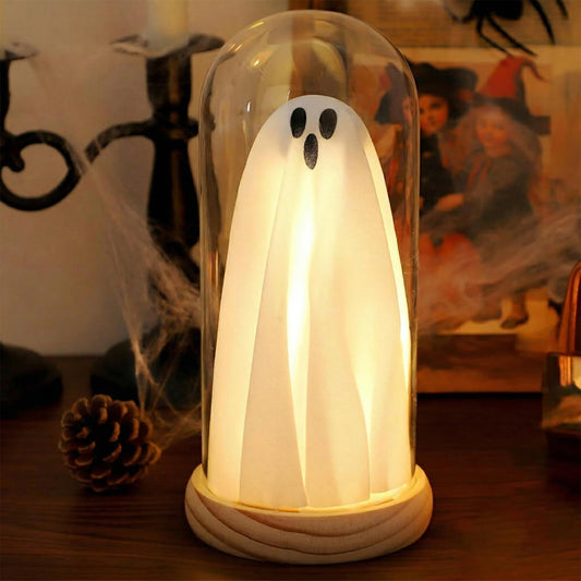 Strackvial Halloween Ghost LED Decor Light – Cute Spooky Tabletop Lamp with Wood Base & Clear Glass Cloche, Indoor Fairy Light Decoration for Mantel, Shelf & Party Centerpiece (Classic Ghost Light)