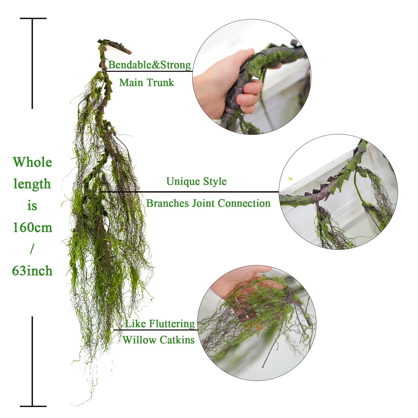 63Inch Realistic Bendable Curly Weeping Willow Branches Tree Vine Swags Wood Twigs Crafts Moss Greenery Garland Creepy Jungle Vines for Halloween Wall Hanging Outdoor Mantel Ceiling Swing Decoration