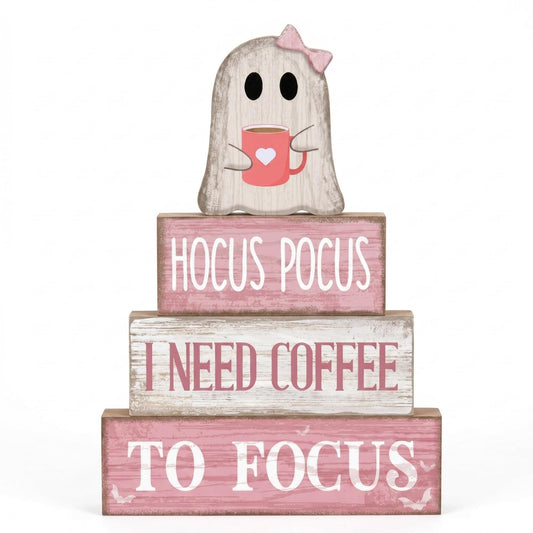 Moucuny 4 Pcs Pink Halloween Table Decorations Coffee Ghost Wooden Stacked Block Decor, "Hocus Pocus I Need Coffee to Focus" Signs, Cute Rustic Halloween Tiered Tray Decor for Home Kitchen Office Bar