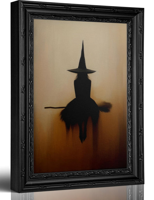 Framed Halloween Witch Silhouette Canvas Wall Art, Spooky Flying Witch Painting Picture Wall Decor, Vintage Broomstick Poster Print Artwork for Bedroom Home Decoration 8x10in