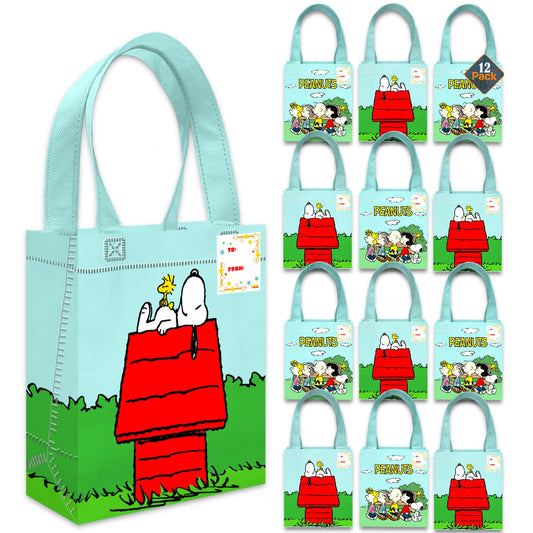 Peanuts Party Favor Bag Set – 12 Pack of 8" Snoopy Goodie Bags for Kids Bulk Reusable Mini Totes | Peanuts Birthday Supplies for Boys, Girls