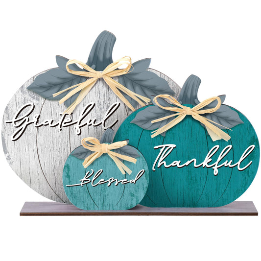 Soaoo Fall Pumpkin Table Decorations Fall Wooden Thankful Blessed Centerpiece Autumn Grateful Tabletop Decor Farmhouse Thanksgiving Harvest Pumpkin Block Signs for Party Rustic Table Shelf Decor Home