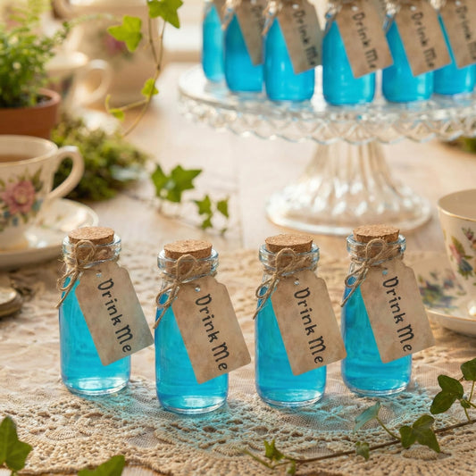 24 Set Wonderland Tea Party Favors Small Glass Bottle Mini Potion Bottle with Cork Drink Tag Jute Twine Spell Jar for Wonderland Decor Tea Party Supplies Wedding Birthday Baby Shower Table Decor