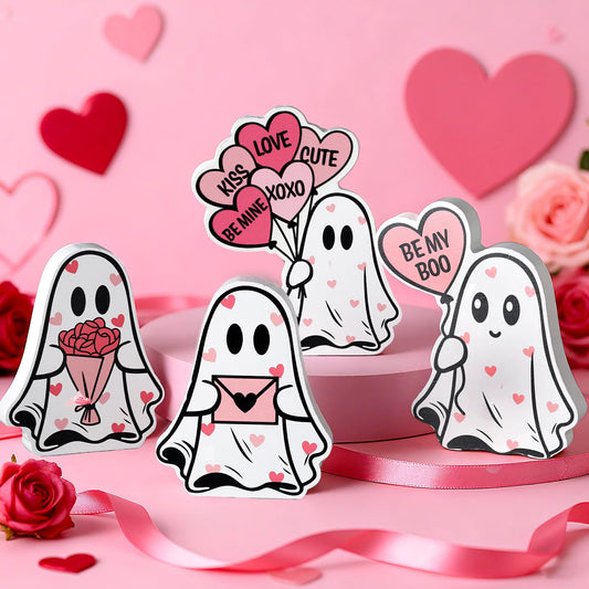Novabright 4 Pcs Valentines Day Ghost Table Decorations Wooden Pink Heart Horror Valentines Decor Cute Ghost Boo Tiered Tray Decor Wood Centerpieces Signs Tabletop for Home Office Party Love Gifts