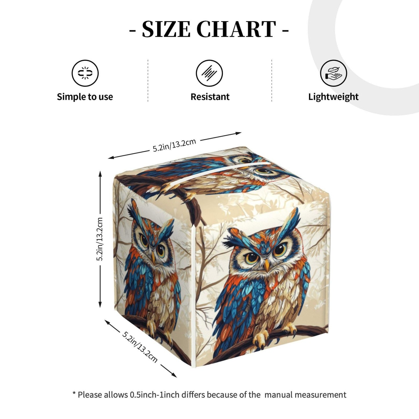 Cute Owl Tissue Box Cover Square, Waterproof Leather Tissue Box Holder Portable Dispenser Modern Home Decoration for Bathroom Car Nightstand Vanity