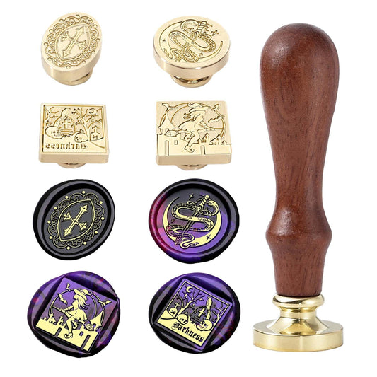 Halloween Wax Seal Stamp Kit - 4Pcs Wiccan Series Sealing Wax Stamps (Bat Witch, Crow's Graveyard, Jesus Cross, Snake Sword Moon)