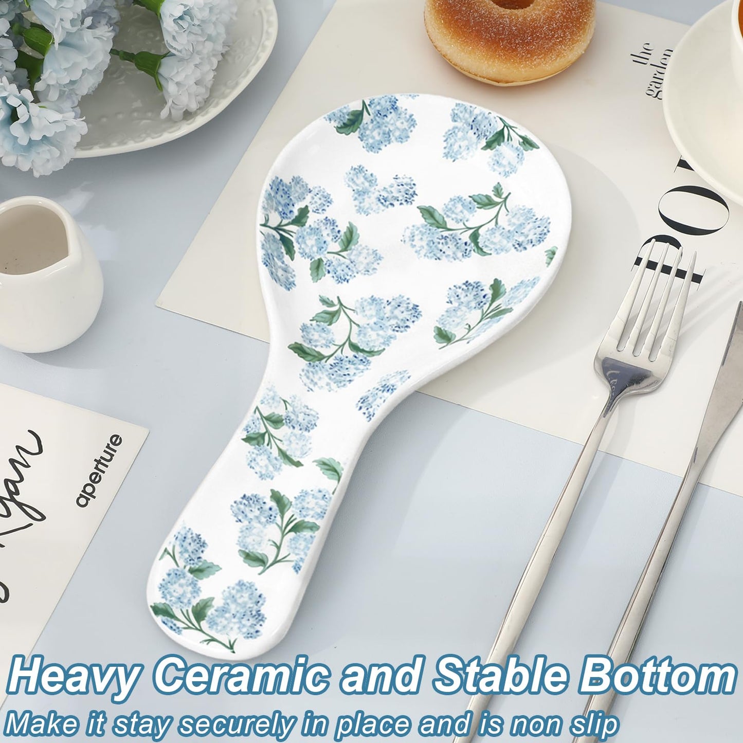 Whaline 9.4 Inch Hydrangea Spoon Rest Blue Flower Spoon Holder Floral Ceramic Utensil Holder for Summer Stove Top Rustic Kitchen Counter Decor
