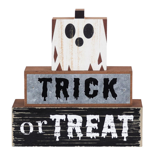 DECSPAS Halloween Decorations Indoor, Decorative Wood Block Scary Ghost Sign with TRICK or TREAT Lettered for Halloween Decor, 3-Layered Wooden Tabletop Gothic Decor for Home Table Tiered Tray Mantel