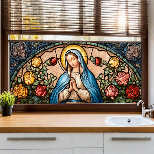 WDESYADMS Window Privacy Film 39x17 Inch Stained Glass Virgin Mary and Roses Design Peel and Stick Static Cling Decorative Window Film for Living Room Bedroom Glass Door