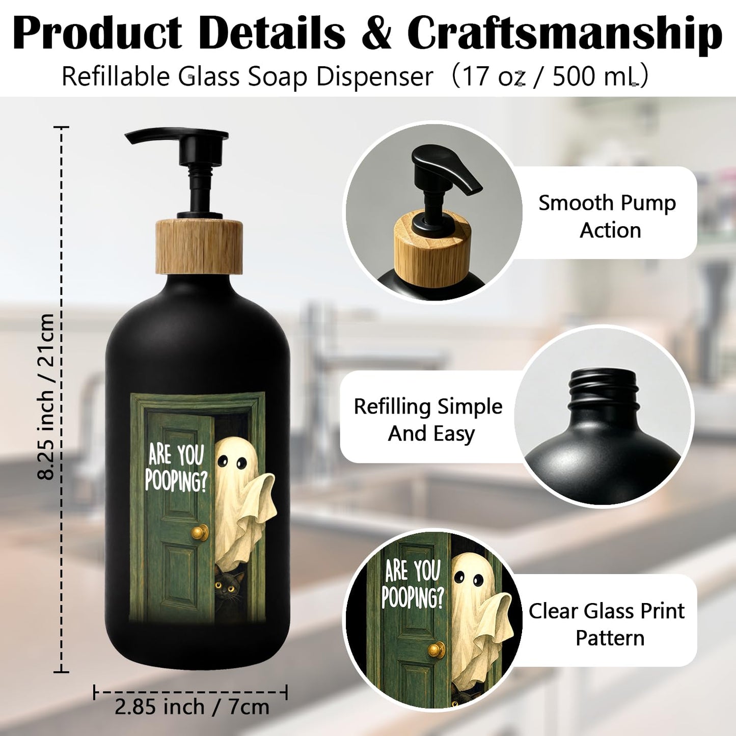 Stelloriellea Funny Halloween Bathroom Glass Soap Dispenser with Pump