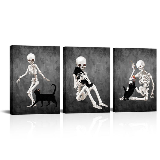 Kalormore Halloween Wall Decor Black and White Skeleton Canvas Wall Art Funny Skull with Cat Painting Prints The Day Of Dead Picture Framed Artwork Ready to Hang (12"x16"x3pcs)