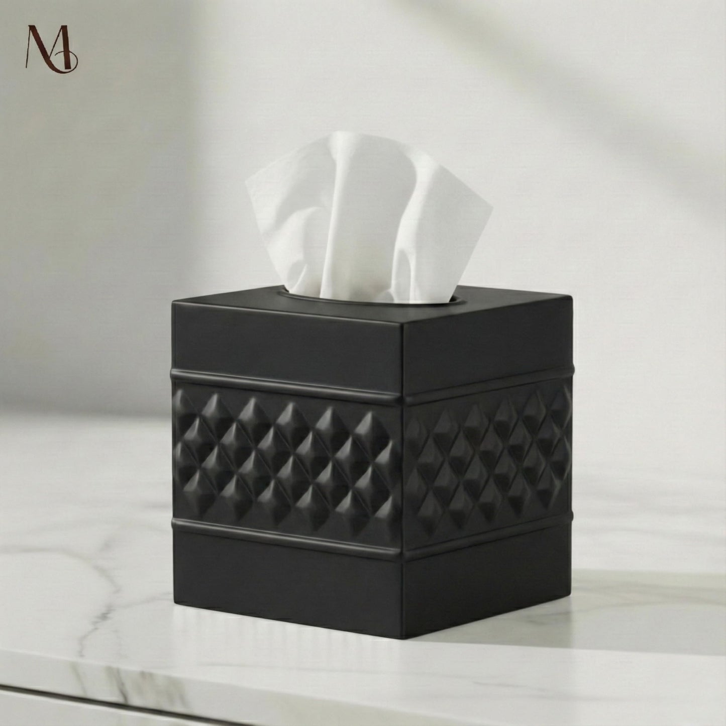 Monarch Abode Tissue Box Cover Square – Handcrafted Geo Embossed Black Metal Tissue Holder Box for Bathroom Accessory, Aesthetic Decorative Facial Napkin Cube for Modern Home Décor