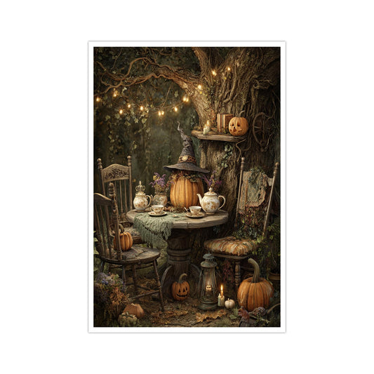 Vintage Fall Wall Art Whimsical Pumpkin Witch Tea Party Poster Canvas Print for Living Room Dining Room Entryway Halloween Decor Rustic Autumn Artwork 16x24in Unframed