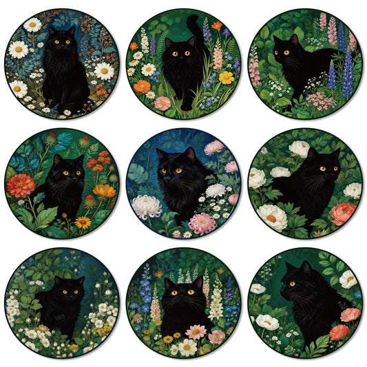 ANATTASOUL Coasters Set of 9 Black Cat Pattern Colorful Wooden Coasters Bulk Round Housewarming Gift for New Home, 3.9" Decorative Coffee Table Protection for Farmhouse Bar House Decor