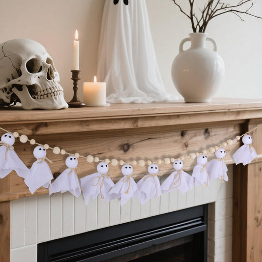 Halloween Decorations Indoor，7Ft Cute Halloween Ghost Garland with Wooden Beads，Handmade Rustic Banner for Mantel Wall Home Office School Indoor Outdoor Spring Decor Supplies