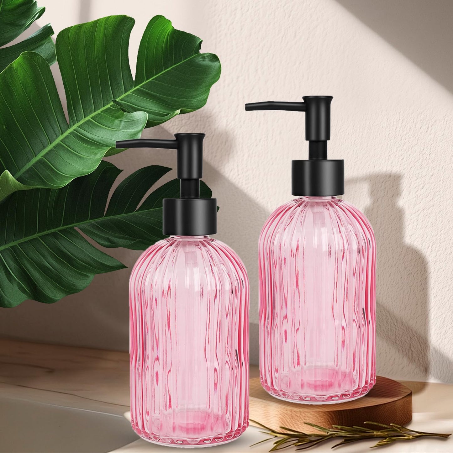YTDTKJ Pink Glass Soap Dispenser Set with Black Plastic Pump, 400ml/13oz Refillable Liquid Hand Soap Dispenser, Kitchen Dish Soap dispensers for Lotion, Shower & Shampoo, Home, Hotel (2 Pack)