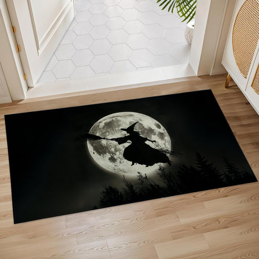 Plistiz Halloween Witch Indoor Door Mat, 17x29.5 Inch, Floor Area Rug for Entryway, Living Room, or Bathroom, Non-Slip Doormat, Spooky Full Moon Design Home Decor Rug Gifts