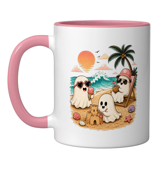 Summerween Ghost Beach Cute Ghosts Summer Halloween Ceramic Mug, Pink/White