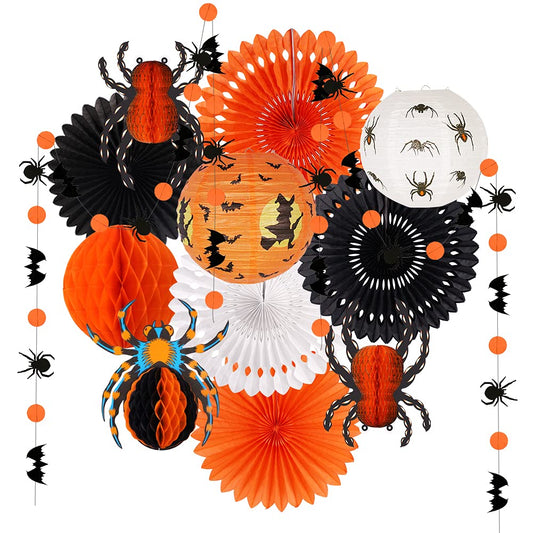 Halloween Party Decorations, Hanging Spider Bat Paper Lanterns Spiders Honeycomb for Halloween Home Decor Birthday Party Supplies Props (Orange, Black)