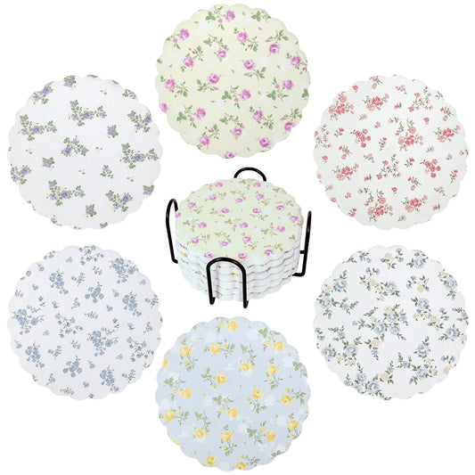 Stranthother 6 Pcs Scalloped Floral Ceramic Coasters with Holder,Round Cute Wildflower Coaster with Cork Base,Funny Decorative Absorbent Drinks Coasters,Coffee Table Decor Housewarming Gifts,4 Inch