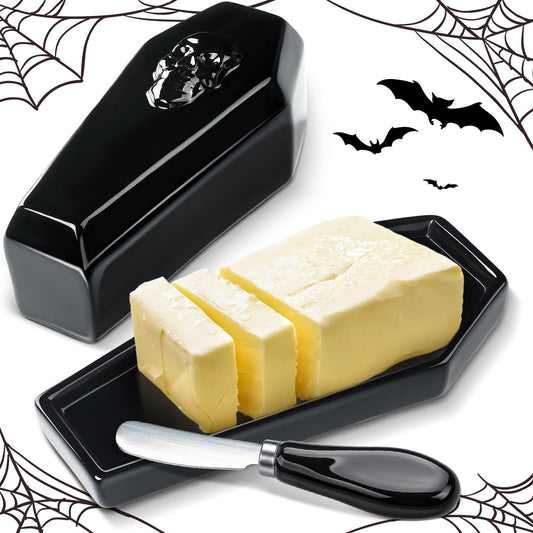 Reallnaive 2 Pcs Coffin Butter Dish with Lid Set with Butter Knife Black Gothic Skull Shape Ceramic Halloween Gothic Horror Kitchen Utensils Gift for Halloween Table Decoration Party Supplies(Flat)