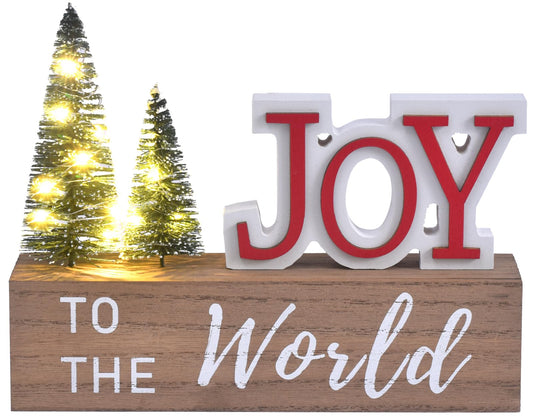 Christmas Decoration for Home, JOY to The World Wooden Christmas Tabletop Sign with LED Trees, Rustic Shelf, Mantle, Table Decor, Farmhouse Xmas Decor for Holiday Winter Indoor (JOY)