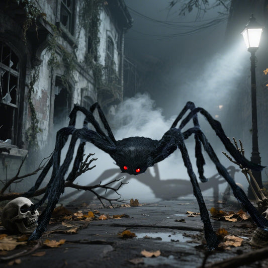 JIEFULL Halloween Decoration Giant Spider, 5 Ft Scary Hairy Spider - Black, Brown & White, Large Props for Halloween Outside Haunted House Yard Lawn Home Decor (Black)