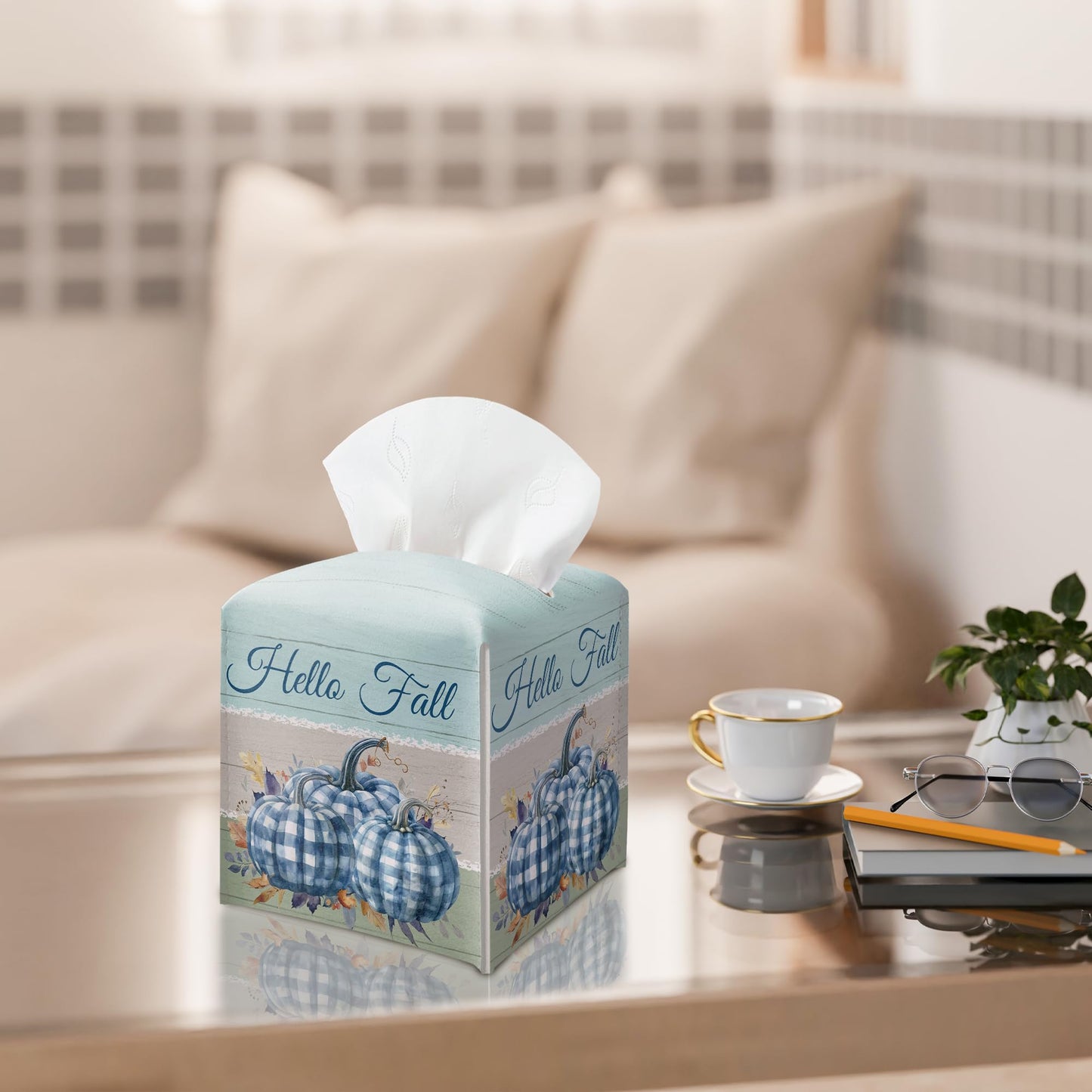 Fall Tissue Box Holder, Blue and White Pumpkins Leather Tissue Box Cover Square, Fall Facial Paper Organizer Dispenser Toilet Paper Holder for Bathroom Kitchen Office Home Decor-A16