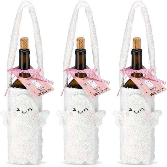 Potchen 3 Set Halloween Ghost Wine Bottle Holder Set with Smiling Face and Handle Boo Bag Reusable Travel Protector Sleeve Case You've Been Booed Tags with Ribbon for Halloween Party