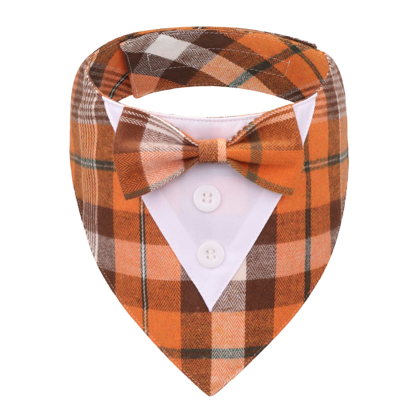ADOGGYGO Fall Dog Tuxedo Bandana, Orange Plaid Pet Tux Collar with Bowtie, Adjustable Halloween Thanksgiving Formal Costume for Medium Large Dogs Pets (L)