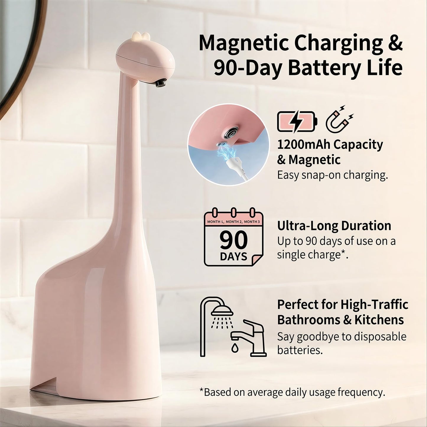 Automatic Soap Dispenser,Cute Dinosaur, Touchless, Rechargeable Foaming Soap Dispenser, 10oz/300ml, 3-Level Adjustable Foam, IPX5 Waterproof for Bathroom, Kitchen, Hotel,Restaurant, Pink