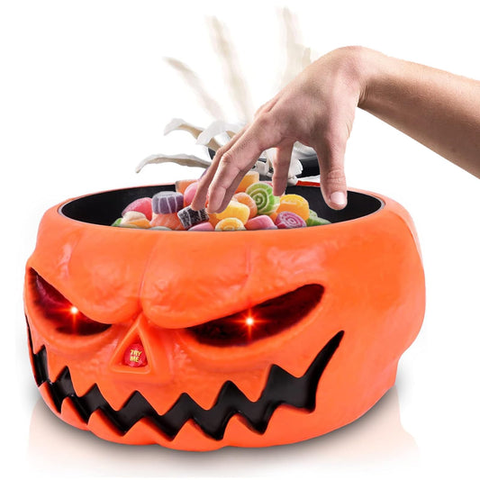 Halloween Candy Bowl, Animated Halloween Skull Pumpkin Bowl, Automatic Sensor/Button Press Scary Candy Dish with Creepy Moving Skeleton Hand and Scream for Trick or Treat to Kids(Pumpkin Style)