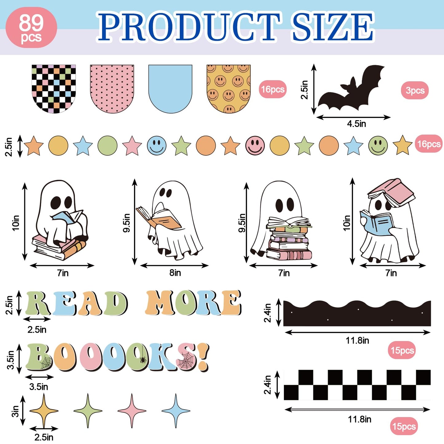 JarThenaAMCS 89 Pcs Halloween Bulletin Board Decoration Set Ghost Book Paper Cutouts with Glue Points for Party School Nursery Classroom Chalkboard Office Home Wall Decor